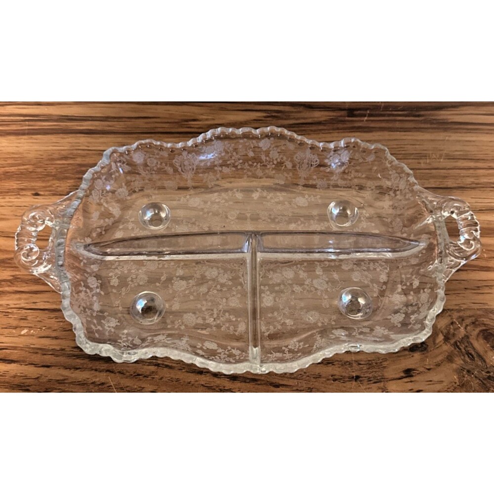 Vtg Cambridge Rose Point Pattern Divided Footed Relish Serving Dish 12" L @275
